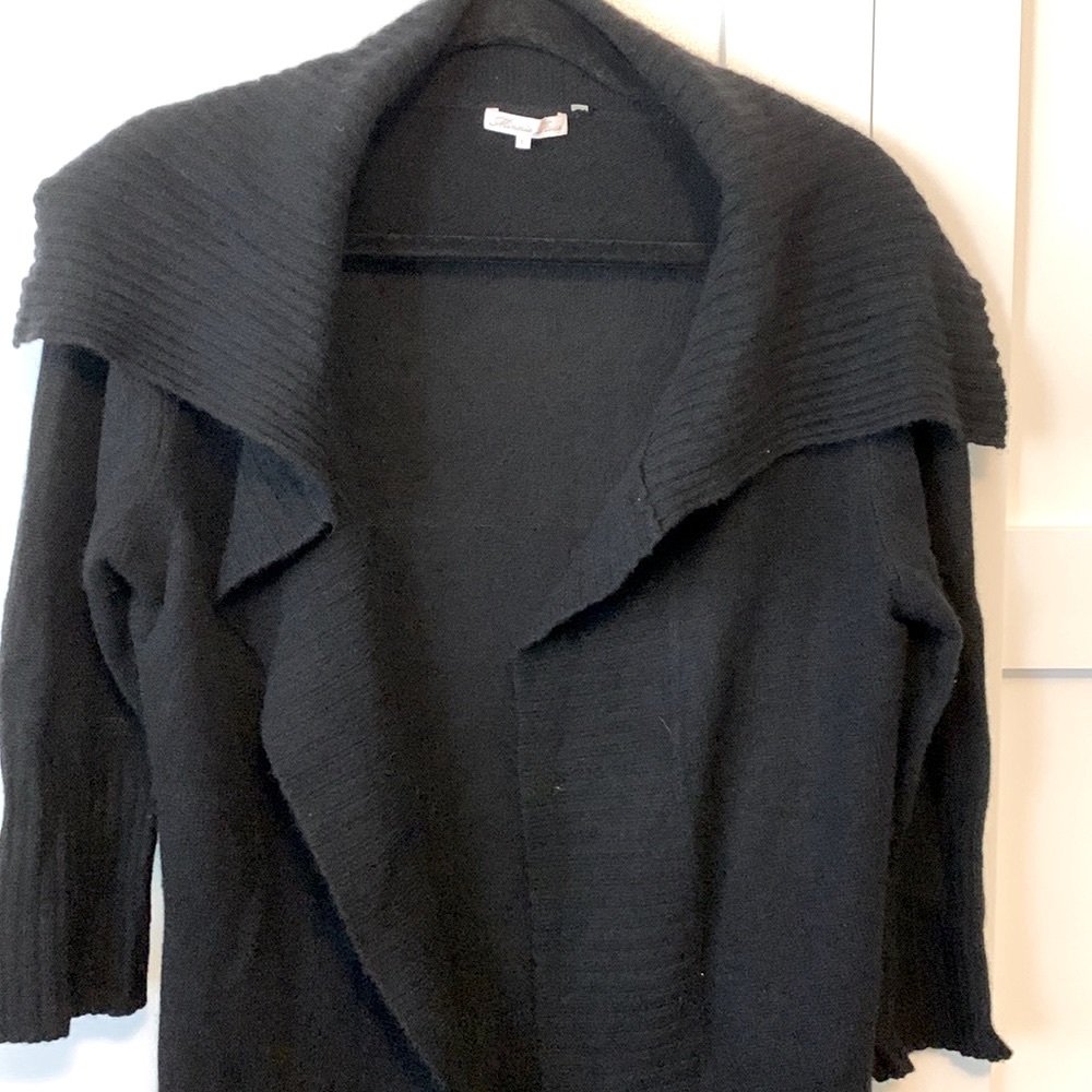 Minnie Rose Cashmere Black Sweater with 3/4 Inch Sleeves And Open Front.